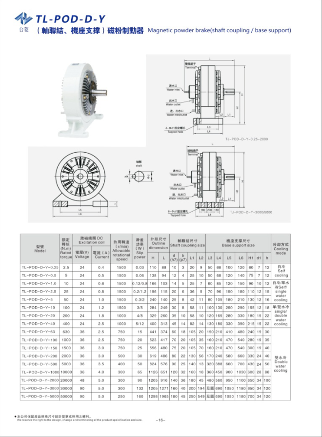 水冷磁粉制動(dòng)器TL-POD-D-Y規(guī)格型號尺寸參數(shù)表