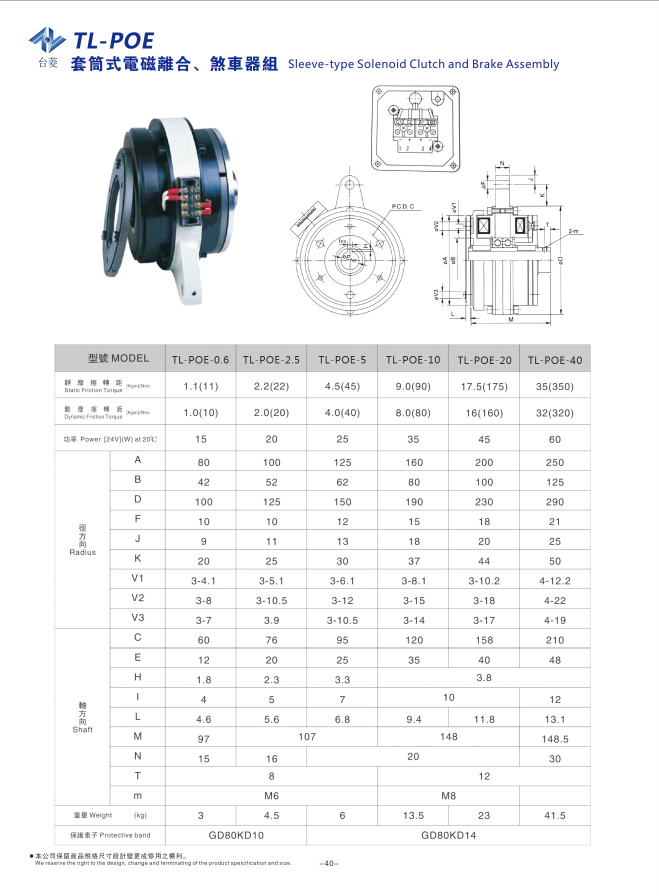 套筒式電磁離合剎車(chē)器組TL-POE型規(guī)格型號(hào)參數(shù)表